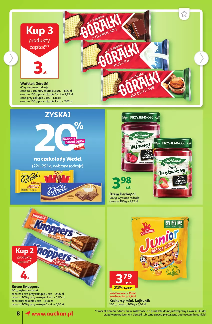 Gazetka promocyjna Auchan - Gazetka Tanie Zakupy Supermarket Auchan - ważna 27.07 do 02.08.2023 - strona 8 - produkty: Baton, Dżem, Góralki, Herbapol, Knoppers, Krakersy, Lajkonik, Wafelek