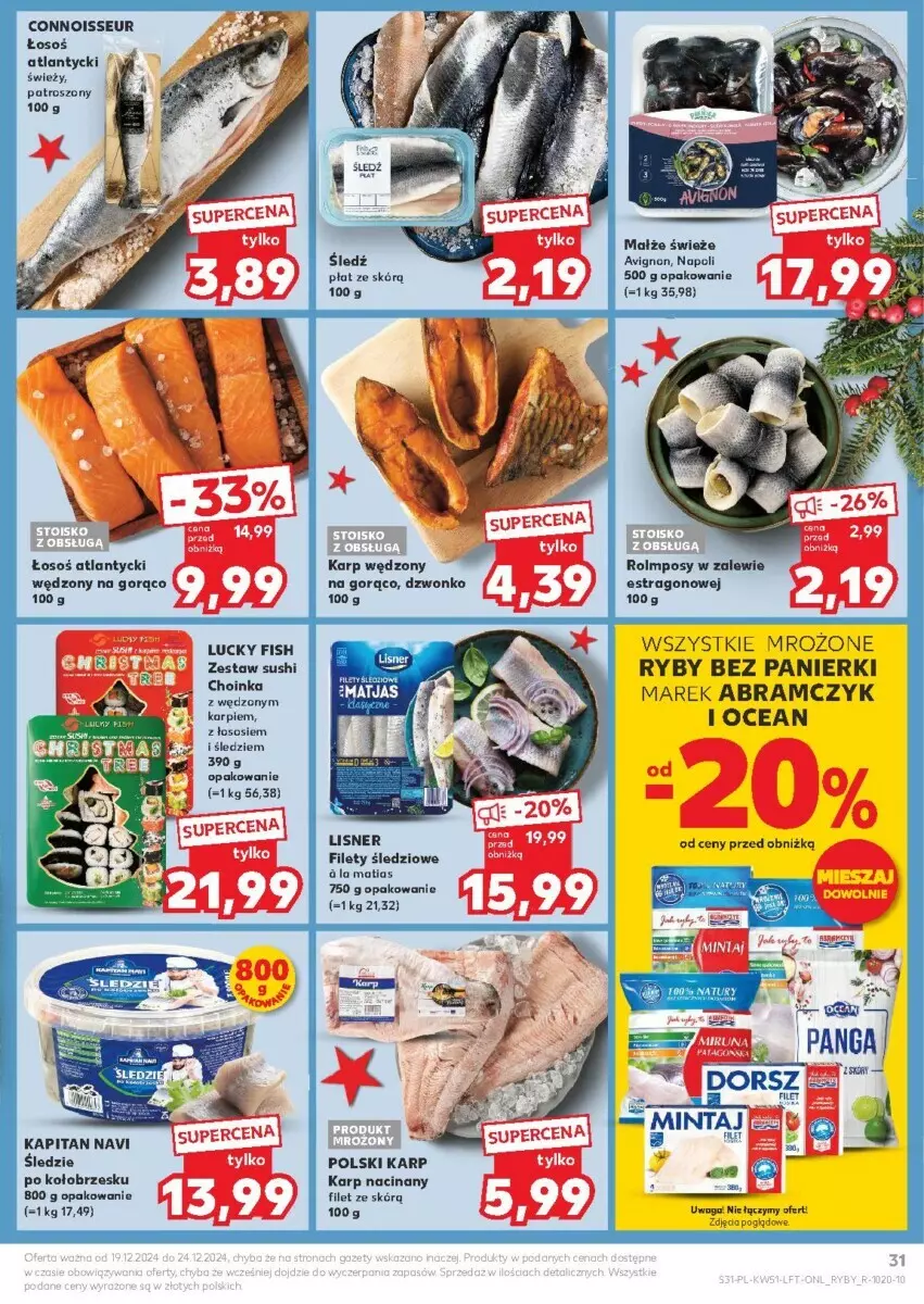 Gazetka promocyjna Kaufland - ważna 19.12 do 24.12.2024 - strona 26 - produkty: Choinka, Dorsz, Fa, Inka, Karp, Lisner, Małże, Sos, Sushi, Waga