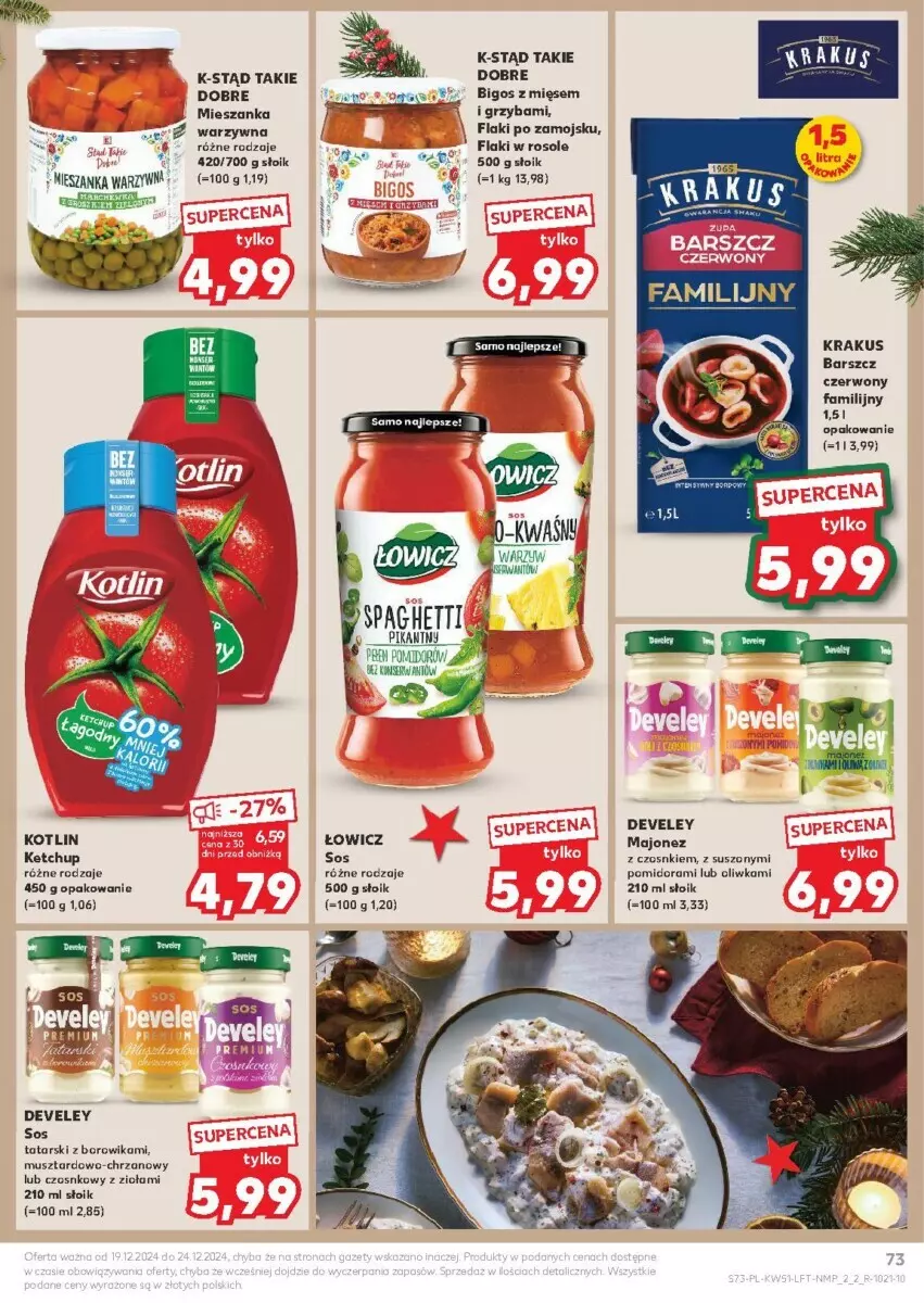 Gazetka promocyjna Kaufland - ważna 19.12 do 24.12.2024 - strona 72 - produkty: Bigos, Chrzan, Fa, Flaki, Flaki po zamojsku, Ketchup, Kotlin, Krakus, Majonez, Mieszanka warzyw, Mus, Sos