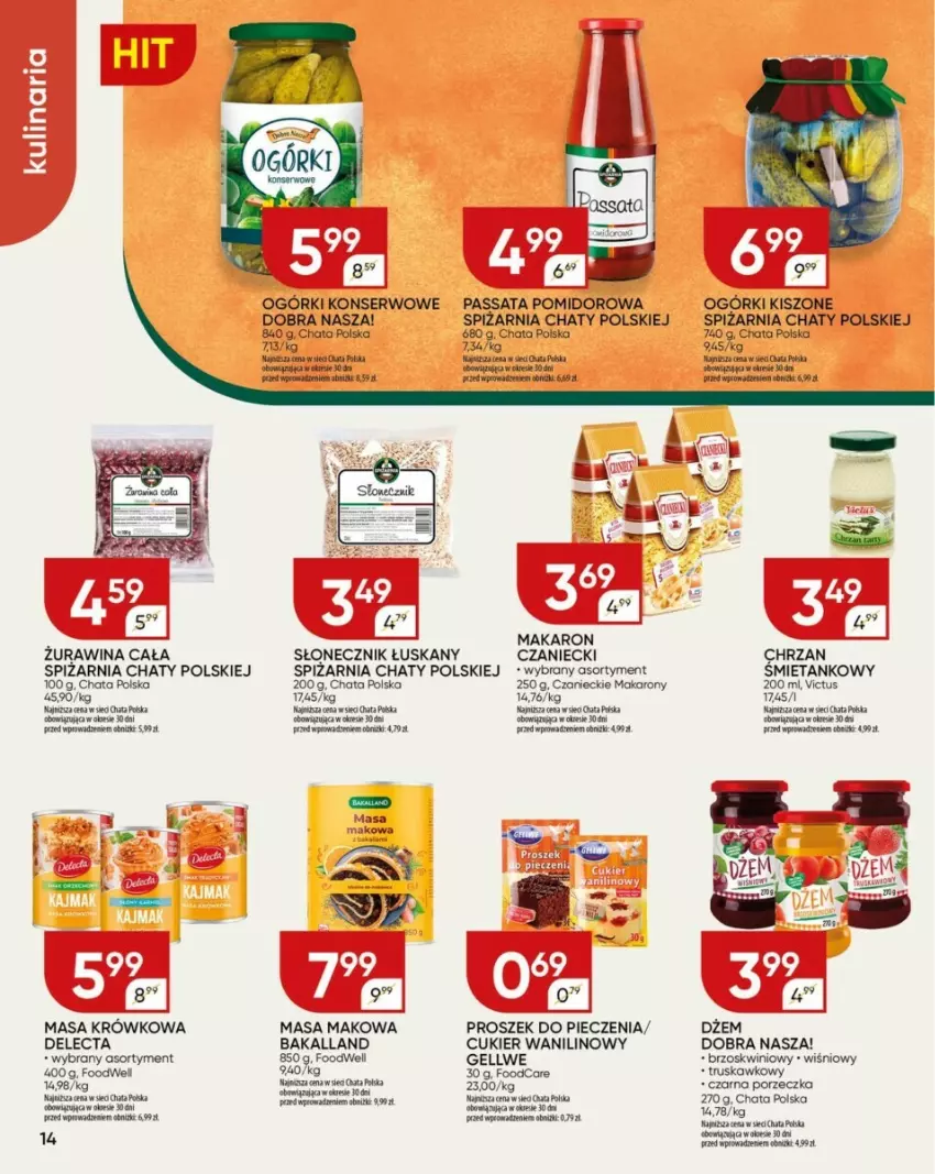 Gazetka promocyjna Chata Polska - ważna 16.12 do 24.12.2024 - strona 6 - produkty: Chrzan, Cukier, Cukier wanilinowy, Delecta, Dżem, Makaron, Masa krówkowa, Ogórki konserwowe, Piec, Por, Proszek do pieczenia, Ser