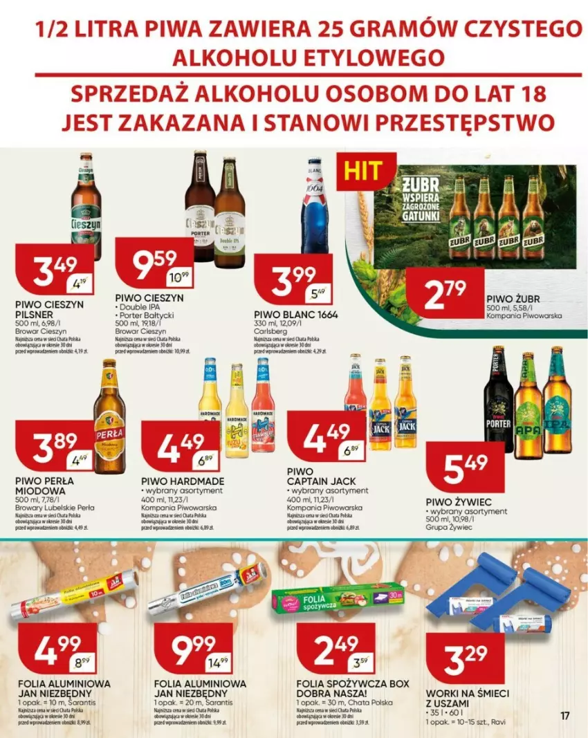 Gazetka promocyjna Chata Polska - ważna 16.12 do 24.12.2024 - strona 9 - produkty: Captain Jack, Carlsberg, Folia aluminiowa, Jan Niezbędny, Perła, Piwo, Por, Worki na śmiec, Worki na śmieci