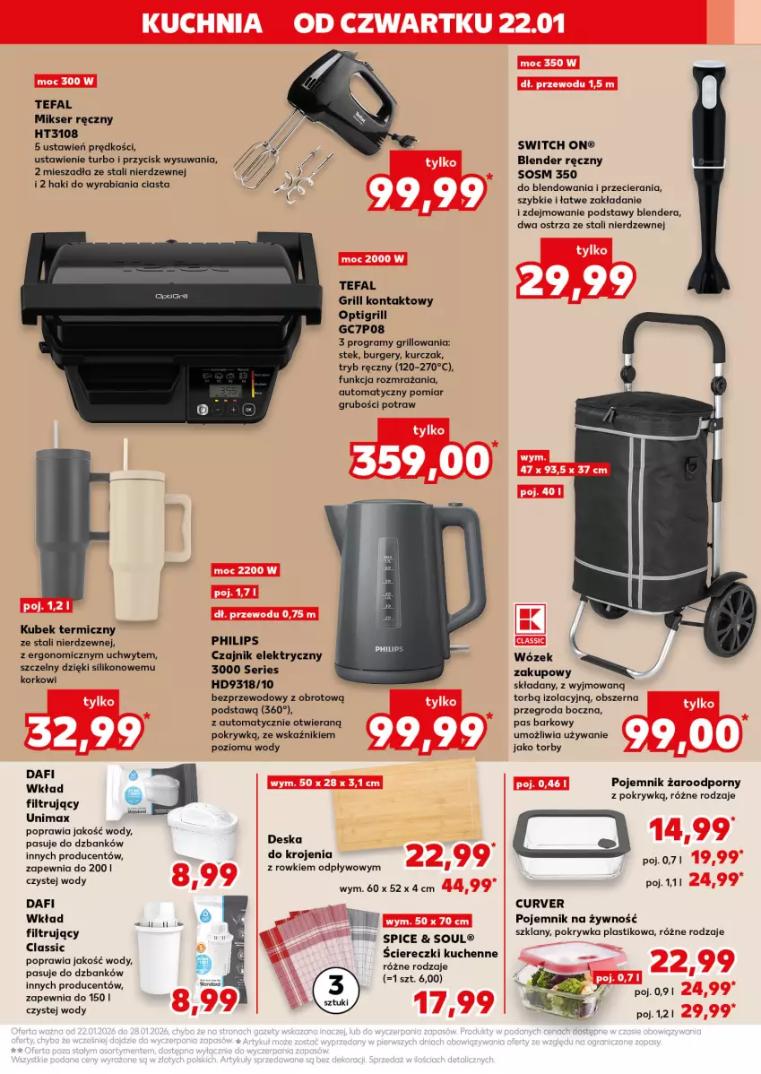 Gazetka promocyjna Kaufland - Kaufland - ważna 22.01 do 28.01.2026 - strona 7 - produkty: Blender, Blender ręczny, Burger, Czajnik, Czajnik elektryczny, Deska do krojenia, Fa, Gra, Grill, Grill kontaktowy, Kubek, Kubek termiczny, Kurczak, Mikser, Mikser ręczny, Philips, Pojemnik, Por, Ser, Sos, Stek, Tefal, Wózek