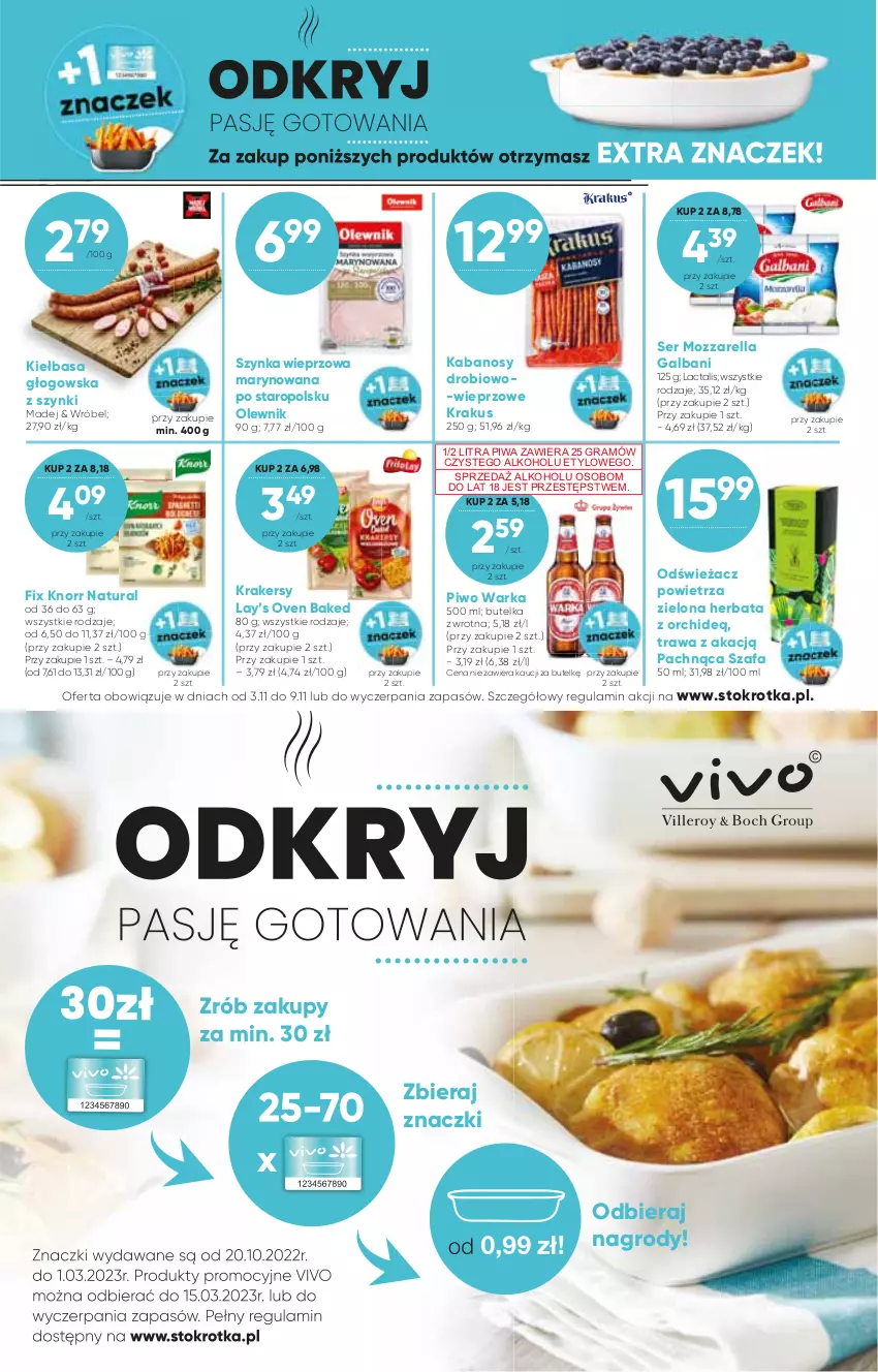 Gazetka promocyjna Stokrotka - Market - ważna 03.11 do 09.11.2022 - strona 10 - produkty: Fa, Galbani, Gra, Herbata, Kabanos, Kiełbasa, Kiełbasa głogowska, Knorr, Krakersy, Krakus, Lay’s, Mozzarella, Odświeżacz powietrza, Olewnik, Piwa, Piwo, Ser, Szafa, Szynka, Szynka wieprzowa, Warka