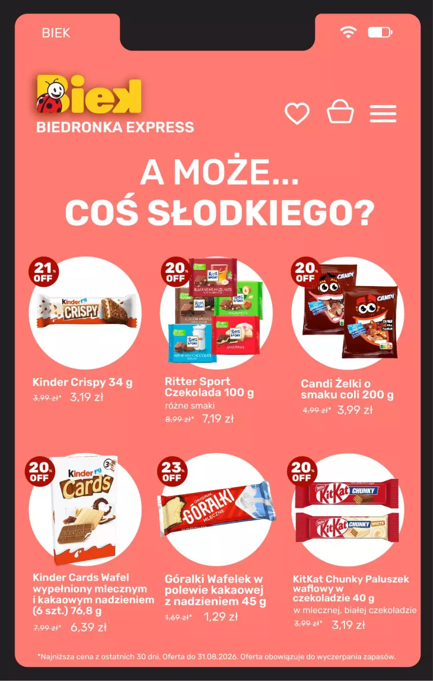 Gazetka promocyjna Biedronka - BIEK - ważna 28.08 do 04.09.2026 - strona 15 - produkty: Czekolada, Góralki, Kakao, Kinder, Por, Ritter Sport, Sport, Wafelek
