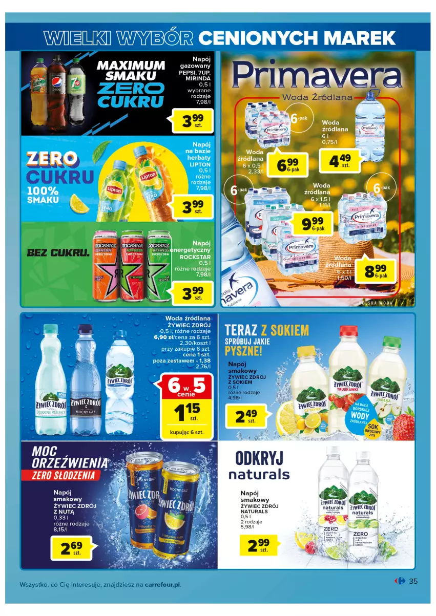 Gazetka promocyjna Carrefour - Gazetka Wielki wybór cenionych marek - ważna 02.08 do 13.08.2022 - strona 35 - produkty: 7up, LANA, Mirinda, Napój, Pepsi, Prima, Primavera, Sok, Truskawki, Woda