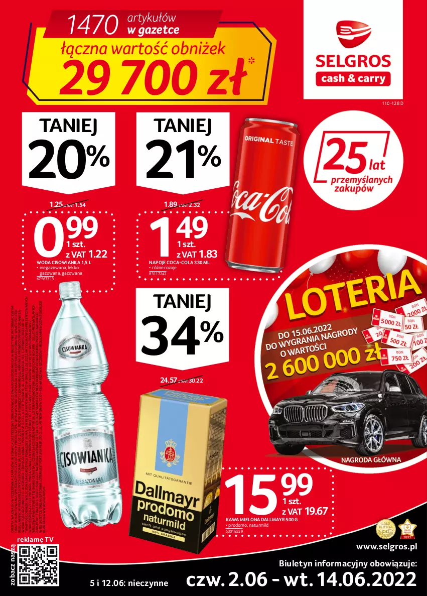 Gazetka promocyjna Selgros - Oferta spożywcza - ważna 02.06 do 14.06.2022 - strona 1 - produkty: Cisowianka, Coca-Cola, Dallmayr, Fa, Fortuna, Kawa, Kawa mielona, LG, Napoje, Samochód, Tran, Woda