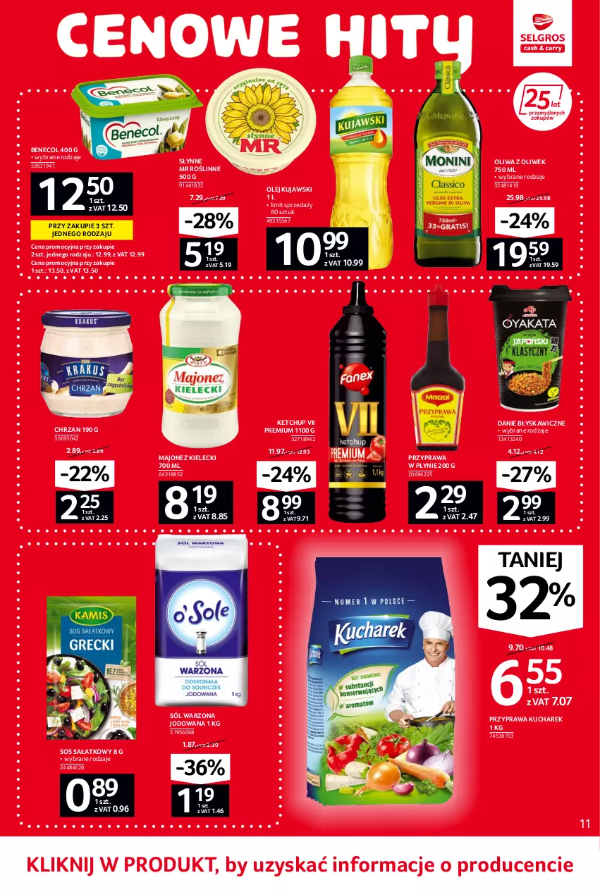 Gazetka promocyjna Selgros - Oferta spożywcza - ważna 02.06 do 14.06.2022 - strona 11 - produkty: Benecol, Chrzan, Ketchup, Kucharek, Kujawski, Majonez, Olej, Oliwa z oliwek, Przyprawa w płynie, Sałat, Słynne, Słynne MR Roślinne, Sól, Sos