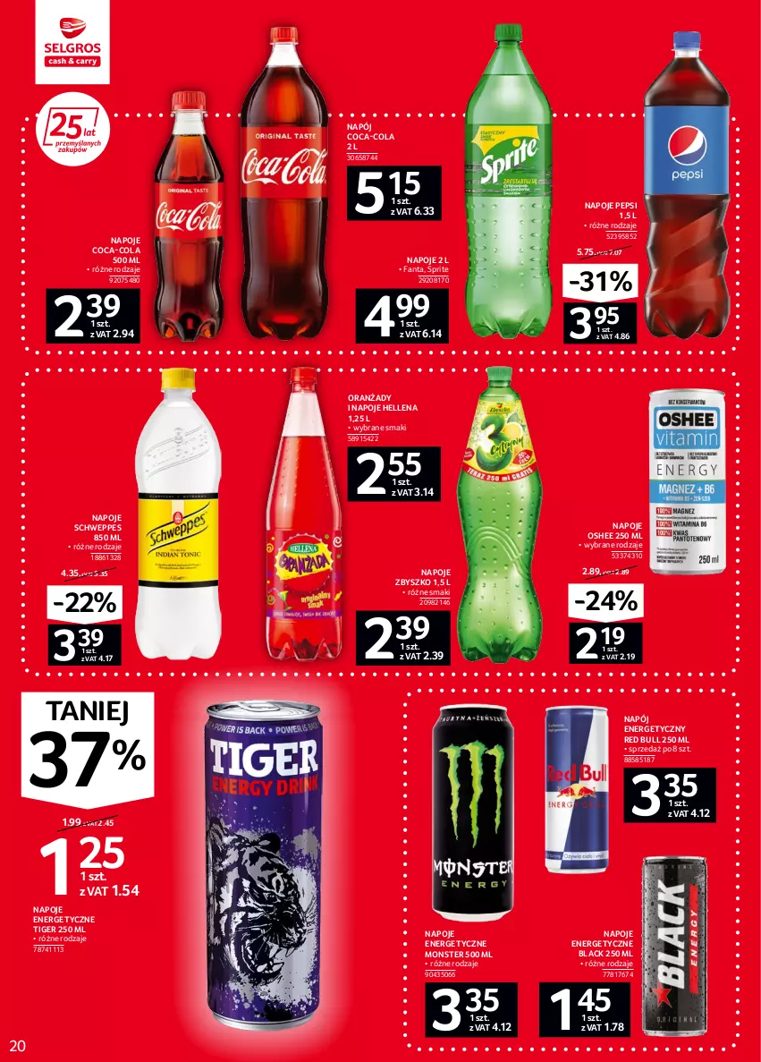 Gazetka promocyjna Selgros - Oferta spożywcza - ważna 02.06 do 14.06.2022 - strona 20 - produkty: Coca-Cola, Fa, Fanta, Hellena, Lack, Napój, Napój energetyczny, Napoje, Oshee, Pepsi, Red Bull, Schweppes, Sprite, Tiger