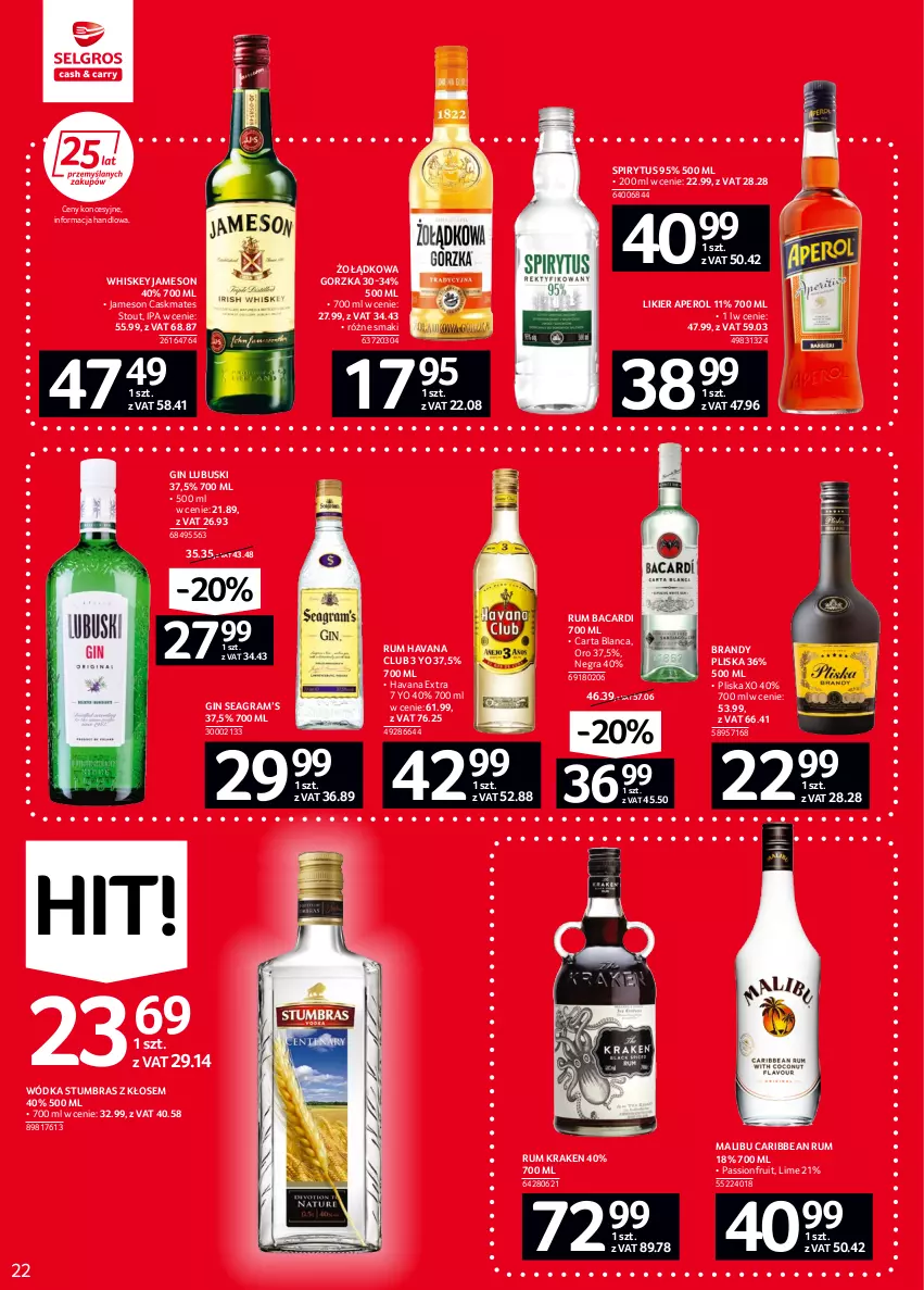 Gazetka promocyjna Selgros - Oferta spożywcza - ważna 02.06 do 14.06.2022 - strona 22 - produkty: Aperol, Bacardi, Brandy, Gin, Gra, Jameson, Likier, Malibu, Pliska, Rum, Whiskey, Wódka