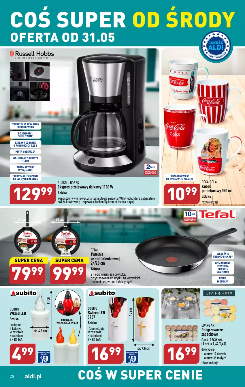 Gazetka promocyjna Aldi - Pełen katalog - ważna 29.05 do 03.06.2023 - strona 28 - produkty: Bateria, Coca-Cola, Dzbanek, Ekspres przelewowy, Fa, Kubek, Patelnia, Płyta, Podgrzewacze, Por, Tefal, Znicz