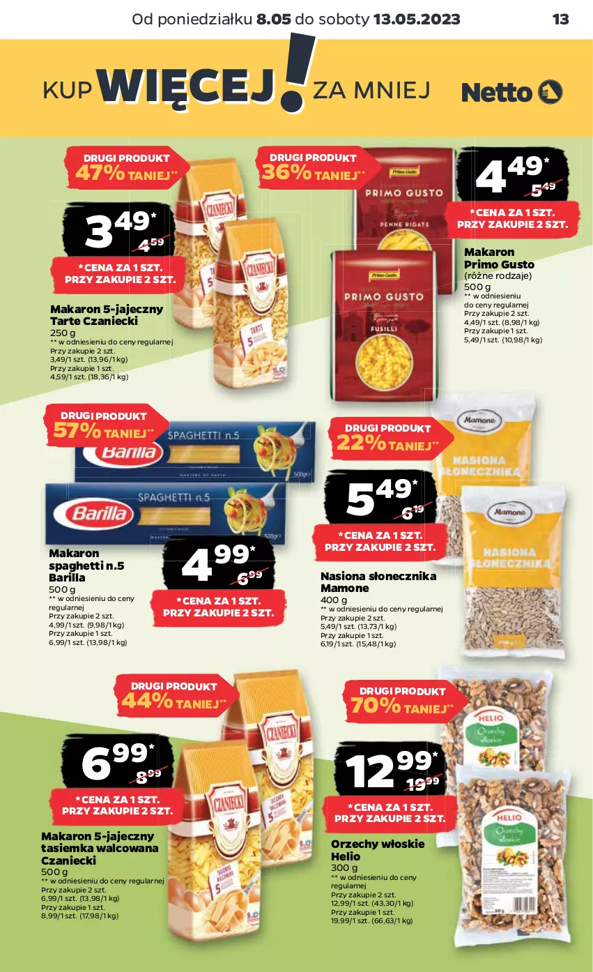 Gazetka promocyjna Netto - Artykuły spożywcze - ważna 08.05 do 13.05.2023 - strona 13 - produkty: Barilla, Helio, Makaron, Orzechy włoskie, Spaghetti