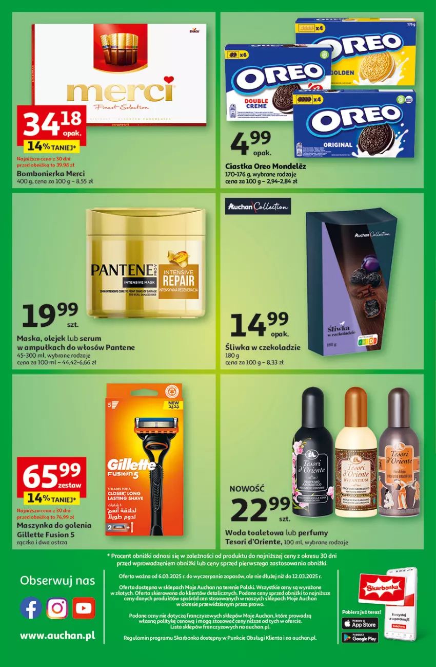 Gazetka promocyjna Auchan - Pewność Niskich Cen Moje - ważna 06.03 do 12.03.2025 - strona 10 - produkty: Ciastka, Fusion, Gillette, Maska, Maszynka, Maszynka do golenia, Merci, Olej, Oreo, Pantene, Perfum, Rum, Ser, Serum, Szynka, Woda, Woda toaletowa