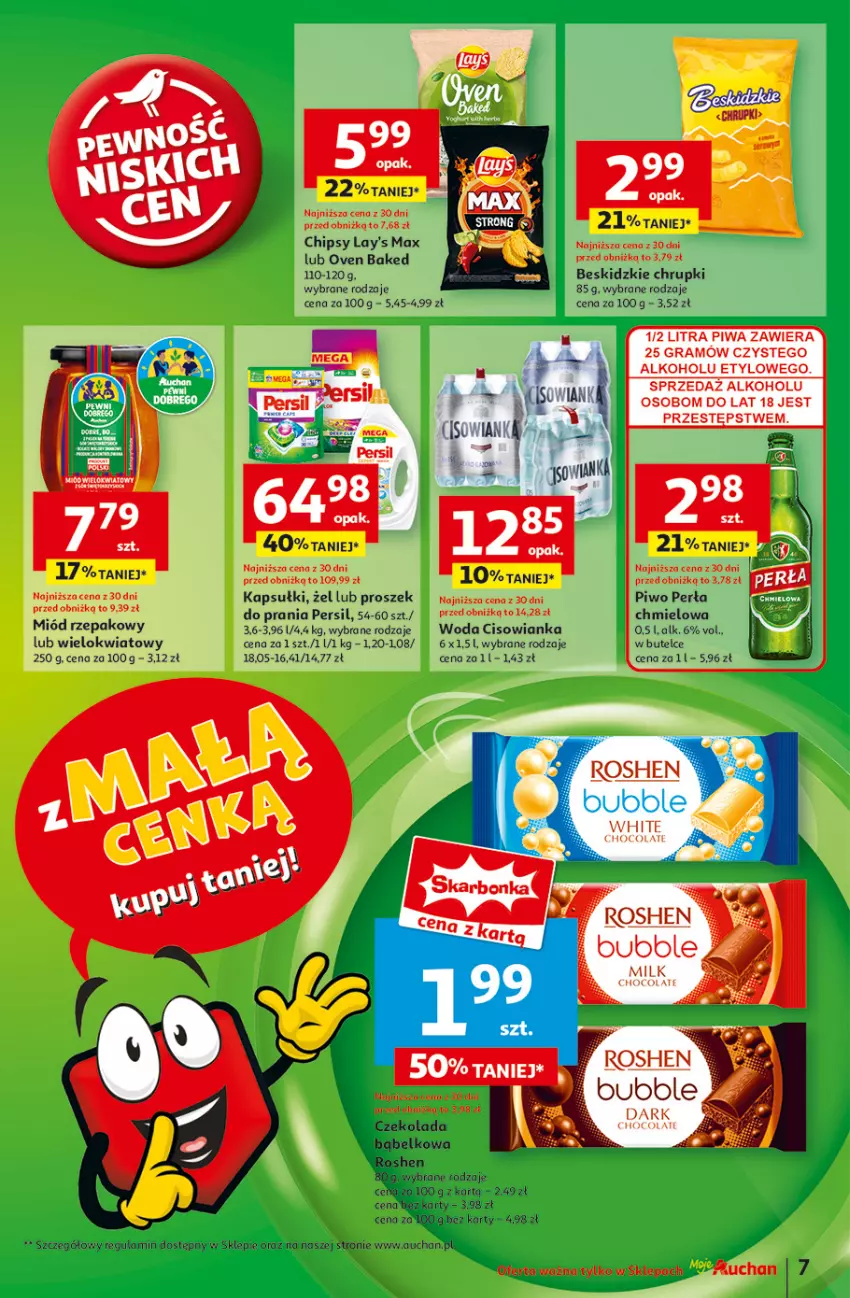 Gazetka promocyjna Auchan - Pewność Niskich Cen Moje - ważna 06.03 do 12.03.2025 - strona 9 - produkty: Beskidzki, Chipsy, Chrupki, Cisowianka, Czekolada, Gra, K2, Miód, Perła, Persil, Piwa, Piwo, Por, Sos, Woda