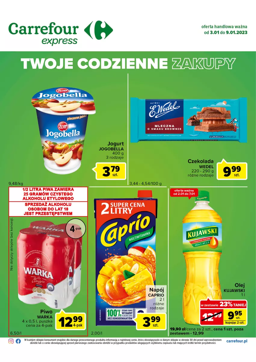 Gazetka promocyjna Carrefour - Gazetka Express - ważna 03.01 do 09.01.2023 - strona 2 - produkty: Bell, Bella, Brownie, Czekolada, Gra, Jogobella, Jogurt, Kujawski, Napój, Olej, Piwa, Piwo, Rama, Ser, Warka