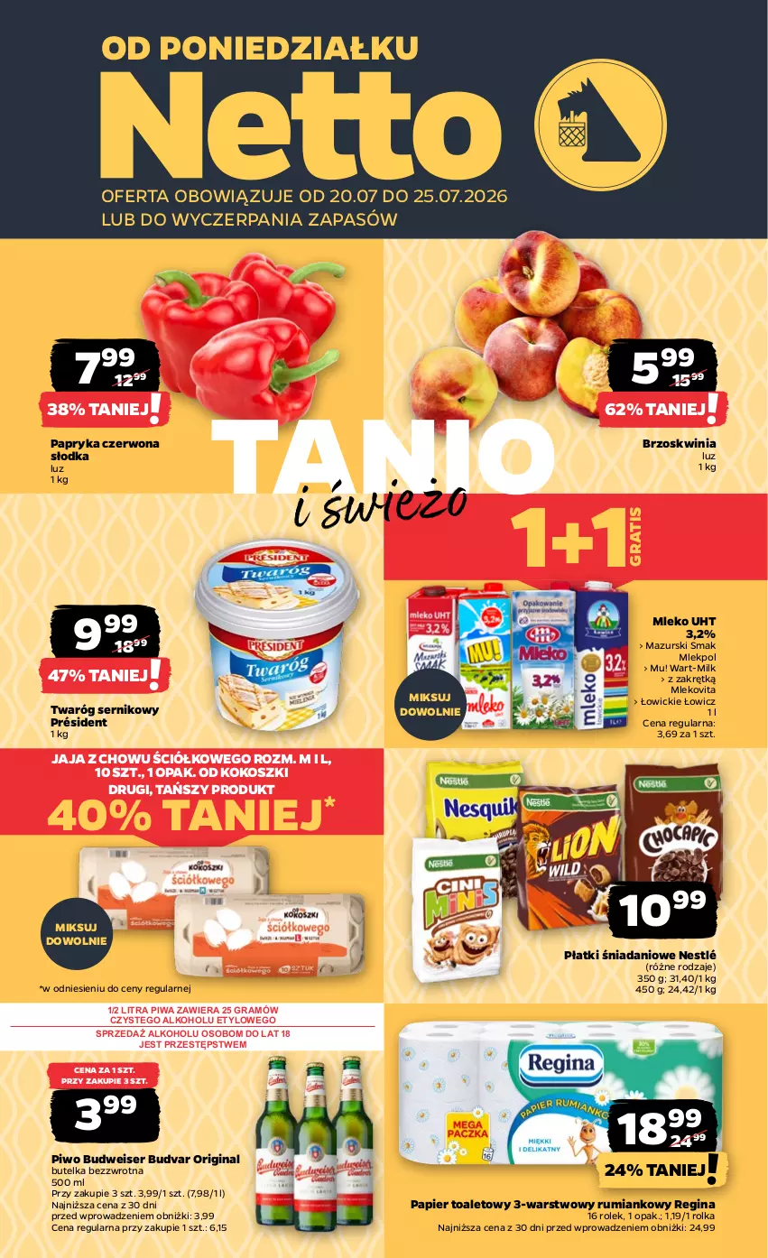 Gazetka promocyjna Netto - Od Poniedziałku - ważna 20.07 do 25.07.2026 - strona 1 - produkty: Danio, Gin, Gra, Jaja, Kokos, Kosz, Mleko, Mlekovita, Nestlé, Papier, Papier toaletowy, Papryka, Papryka czerwona, Piwa, Piwo, Président, Rum, Ser, Twaróg
