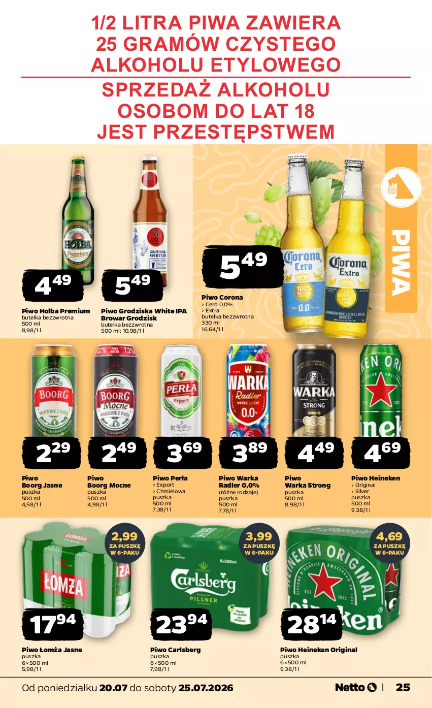 Gazetka promocyjna Netto - Od Poniedziałku - ważna 20.07 do 25.07.2026 - strona 25 - produkty: Carlsberg, Gin, Gra, Heineken, Perła, Piwa, Piwo, Por, Radler, Warka