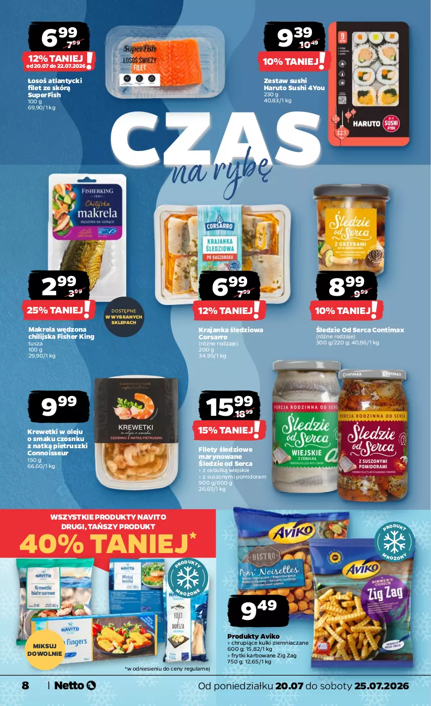 Gazetka promocyjna Netto - Od Poniedziałku - ważna 20.07 do 25.07.2026 - strona 8 - produkty: Frytki, Krajanka śledziowa, Krewetki, Olej, Ser, Sushi, Tusz