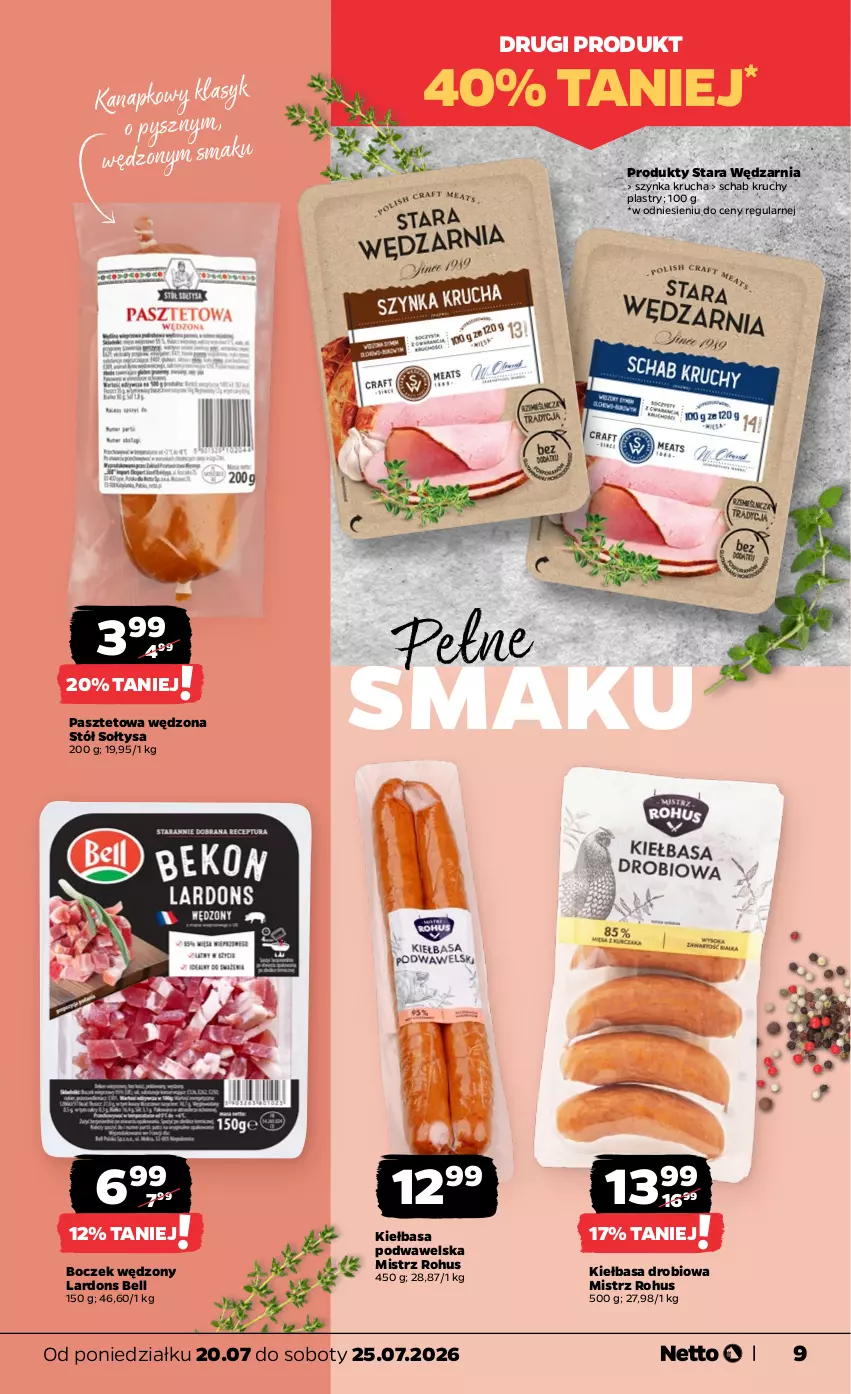 Gazetka promocyjna Netto - Od Poniedziałku - ważna 20.07 do 25.07.2026 - strona 9 - produkty: Bell, Boczek, Kiełbasa, Kiełbasa podwawelska, Pasztet, Stół, Szynka, Wawel