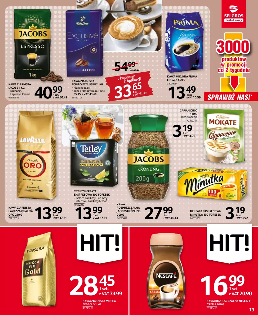 Gazetka promocyjna Selgros - Oferta spożywcza - ważna 25.08 do 07.09.2022 - strona 13 - produkty: Cappuccino, Earl Grey, Herbata, Jacobs, Jacobs Krönung, Kawa, Kawa mielona, Kawa rozpuszczalna, Kawa ziarnista, Lavazza, Mocca Fix Gold, Nescafé, Prima, Tchibo, Tetley