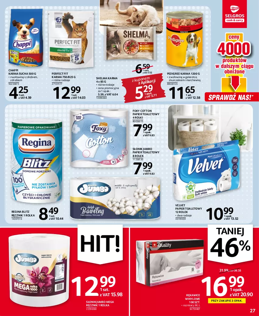 Gazetka promocyjna Selgros - Oferta spożywcza - ważna 25.08 do 07.09.2022 - strona 27 - produkty: Chappi, Foxy, Gala, Gin, Kurczak, Papier, Papier toaletowy, Pedigree, Ręcznik, Rękawice, Rolki, Velvet