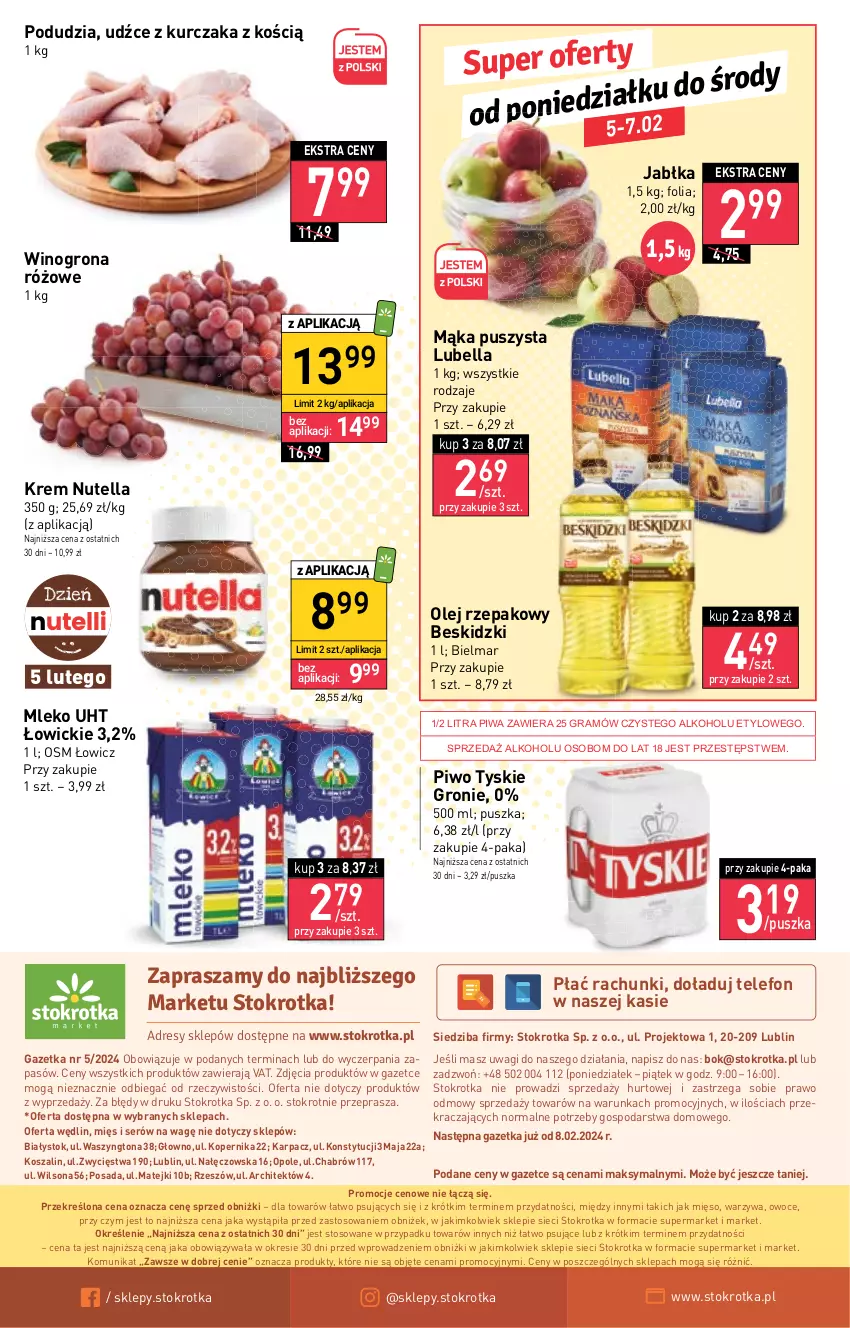 Gazetka promocyjna Stokrotka - Market - ważna 01.02 do 07.02.2024 - strona 16 - produkty: Bell, Bella, Beskidzki, Dres, Gra, Jabłka, JBL, Karp, Kosz, Kurczak, Lubella, Mąka, Mięso, Mleko, Nutella, O nas, Olej, Olej rzepakowy, Owoce, Piwa, Piwo, Ser, Szal, Telefon, Tyskie, Wagi, Warzywa, Wilson, Wino, Winogrona