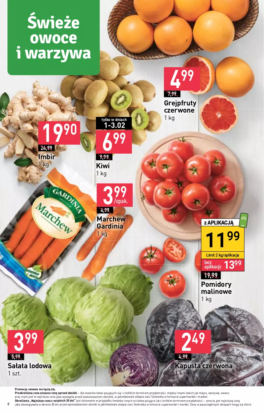 Gazetka promocyjna Stokrotka - Market - ważna 01.02 do 07.02.2024 - strona 8 - produkty: Grejpfrut, Imbir, Kiwi, Mięso, Owoce, Pomidory, Sałat, Sałata lodowa, Warzywa