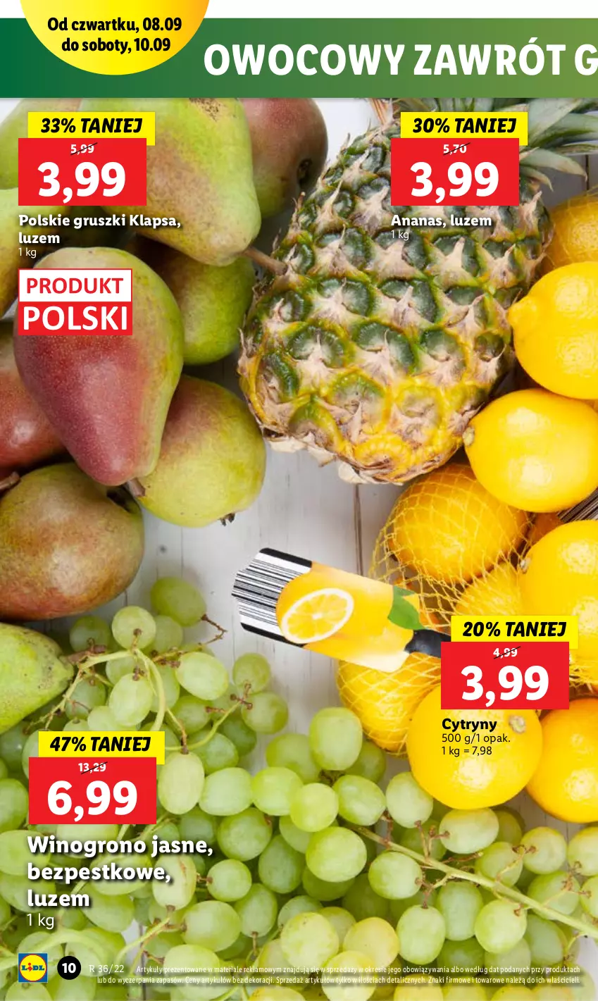 Gazetka promocyjna Lidl - GAZETKA - ważna 08.09 do 10.09.2022 - strona 10 - produkty: Ananas, Cytryny, Gruszki, Wino