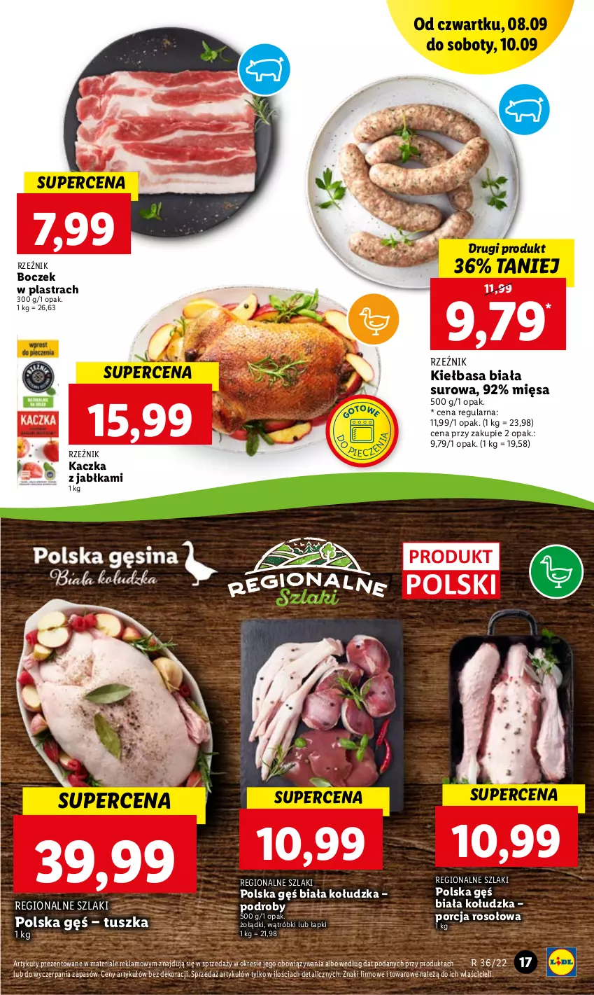 Gazetka promocyjna Lidl - GAZETKA - ważna 08.09 do 10.09.2022 - strona 17 - produkty: Boczek, Jabłka, Kaczka, Kiełbasa, Kiełbasa biała, Piec, Por, Tusz