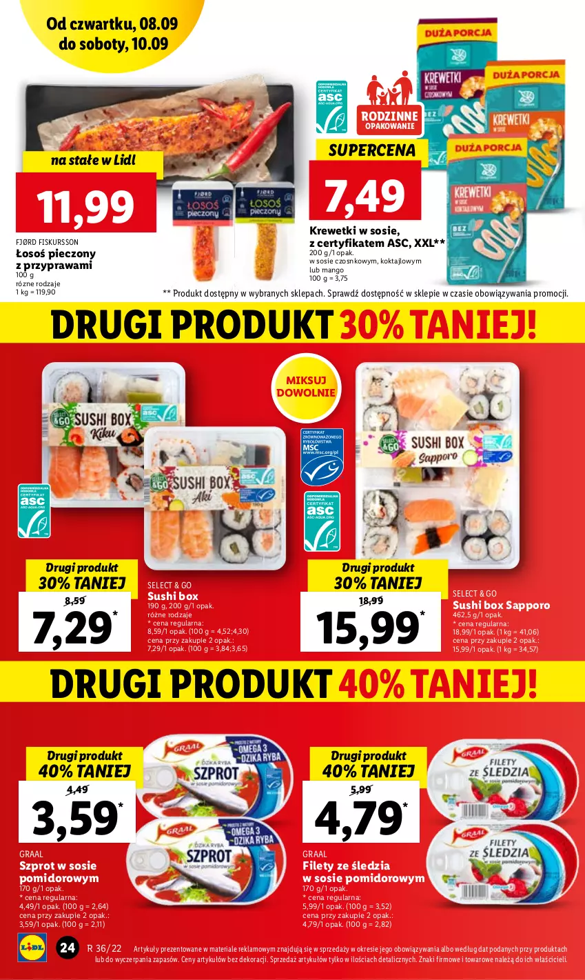 Gazetka promocyjna Lidl - GAZETKA - ważna 08.09 do 10.09.2022 - strona 24 - produkty: Gra, Graal, Krewetki, Mango, Piec, Por, Sos, Sushi, Szprot, Szprot w sosie