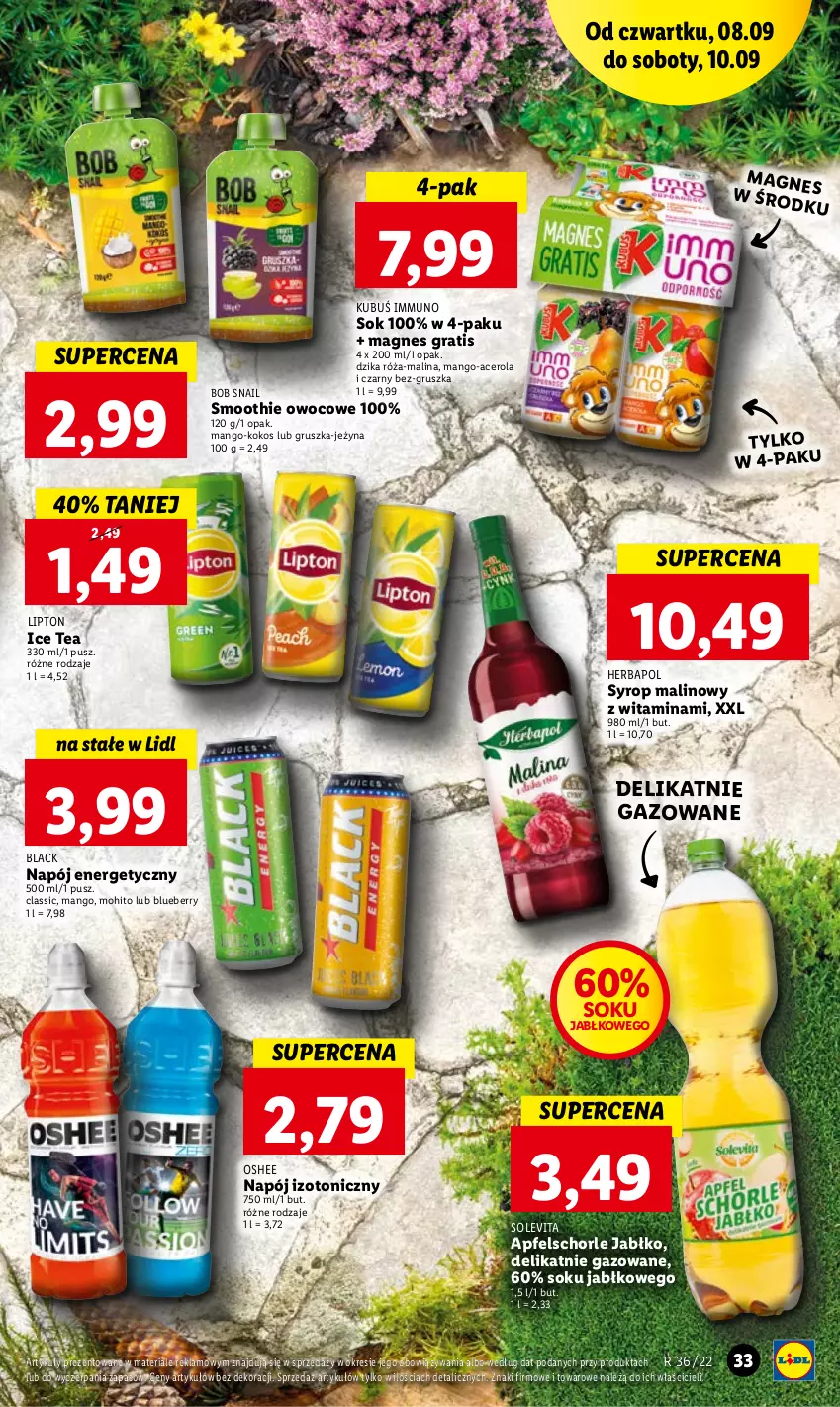 Gazetka promocyjna Lidl - GAZETKA - ważna 08.09 do 10.09.2022 - strona 33 - produkty: Acer, Dzika róża, Gra, Herbapol, Ice tea, Kokos, Kubuś, Lack, Lipton, Mango, Napój, Napój energetyczny, Napój izotoniczny, Oshee, Róża, Smoothie, Sok, Syrop