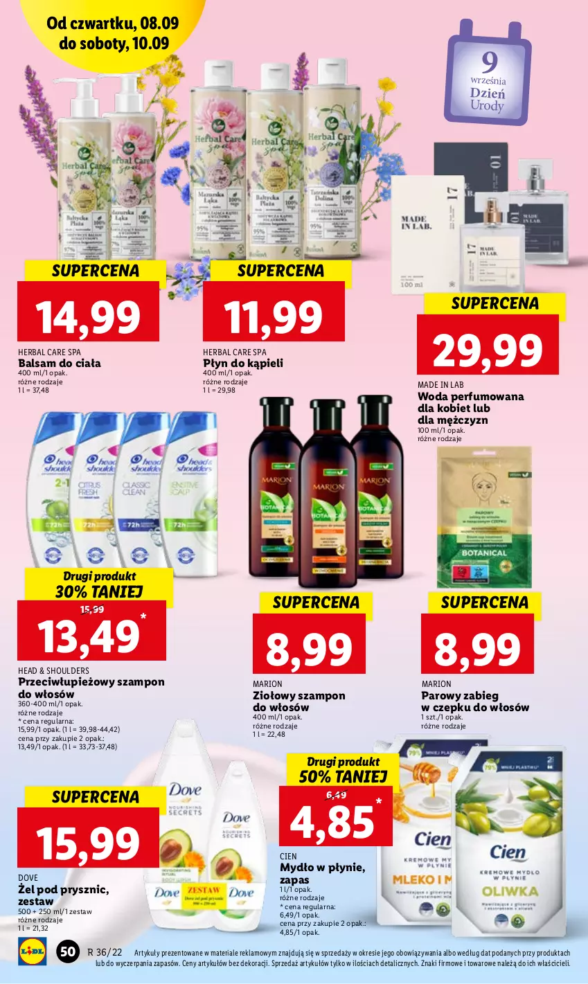 Gazetka promocyjna Lidl - GAZETKA - ważna 08.09 do 10.09.2022 - strona 50 - produkty: Balsam do ciała, Dove, Mydło, Mydło w płynie, Perfum, Płyn do kąpieli, Szampon, Woda, Woda perfumowana