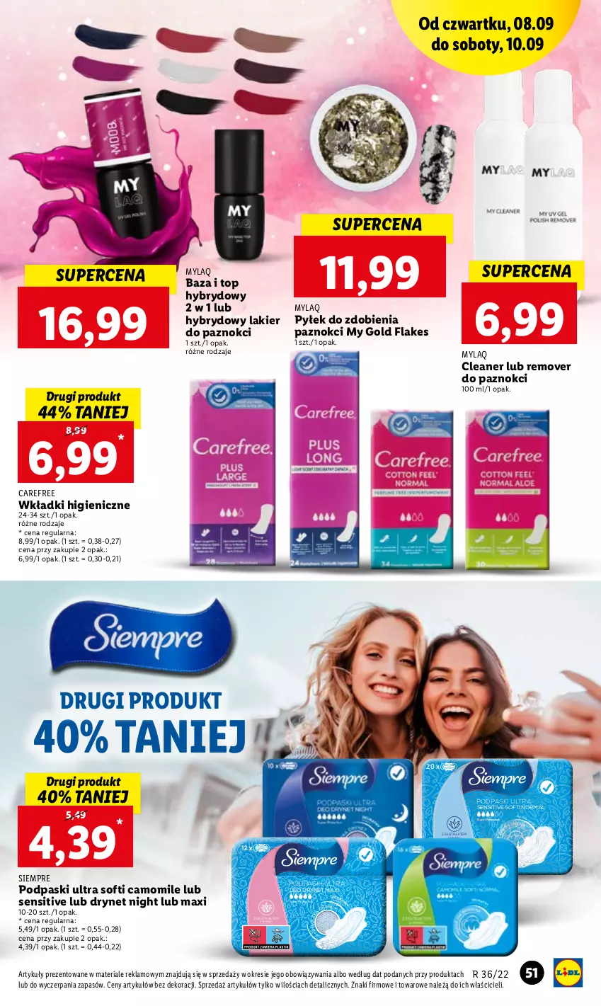 Gazetka promocyjna Lidl - GAZETKA - ważna 08.09 do 10.09.2022 - strona 51 - produkty: Carefree, Lakier, Lakier do paznokci, Podpaski, Top, Wkładki