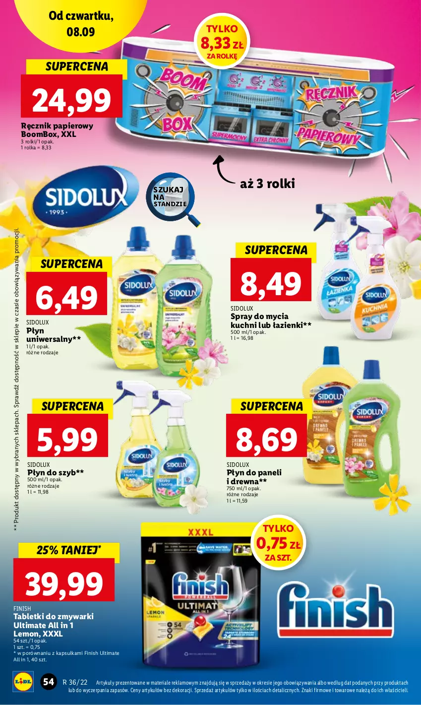 Gazetka promocyjna Lidl - GAZETKA - ważna 08.09 do 10.09.2022 - strona 54 - produkty: Finish, Papier, Płyn do szyb, Por, Ręcznik, Rolki, Sidolux, Tablet, Tabletki do zmywarki, Zmywarki