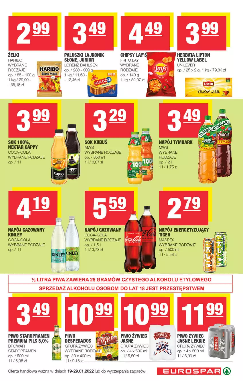 Gazetka promocyjna Spar - EuroSpar - ważna 16.01 do 26.01.2022 - strona 11 - produkty: Cappy, Chipsy, Coca-Cola, Desperados, Fa, Haribo, Herbata, Kubuś, Lajkonik, Lipton, Lorenz, Napój, Napój gazowany, Nektar, Piwo, Sok, Tiger, Tymbark