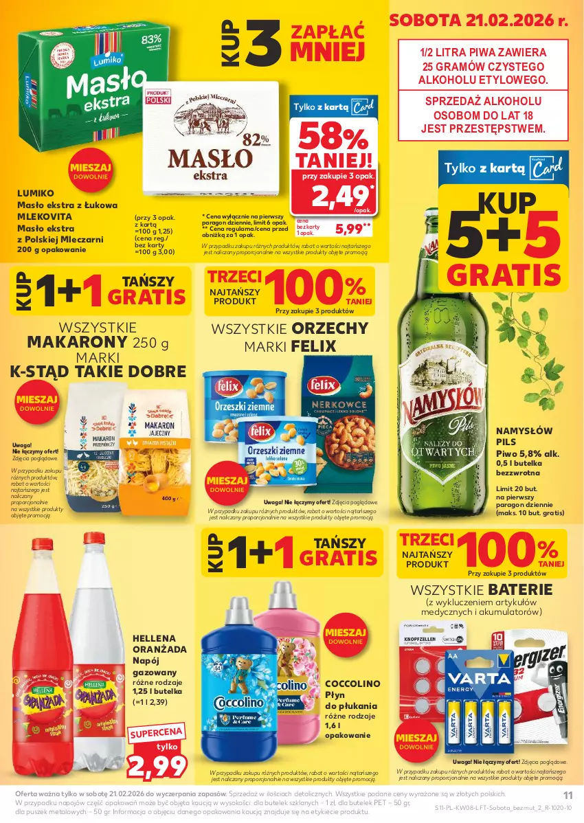 Gazetka promocyjna Kaufland - Gazetka tygodnia - ważna 19.02 do 25.02.2026 - strona 11 - produkty: Akumulator, Coccolino, Felix, Gra, Hellena, Makaron, Masło, Mleko, Mlekovita, Namysłów, Napój, Napój gazowany, Oranżada, Piwa, Piwo, Płyn do płukania, Por, Sok, Waga