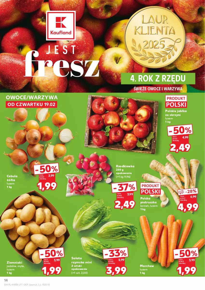 Gazetka promocyjna Kaufland - Gazetka tygodnia - ważna 19.02 do 25.02.2026 - strona 14 - produkty: Cebula, Jabłka, Owoce, Pietruszka, Rzodkiewka, Sałat, Warzywa, Ziemniaki
