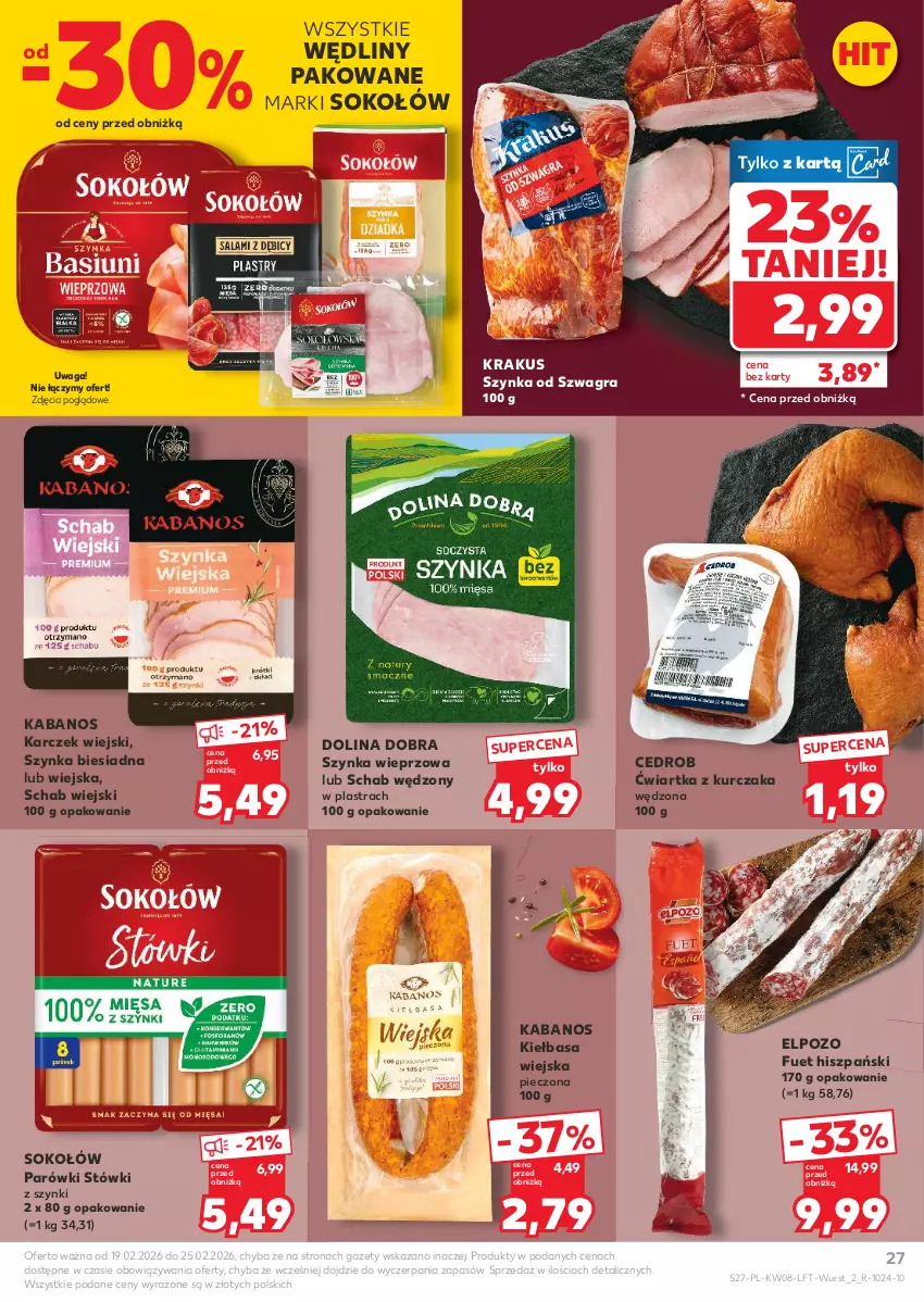 Gazetka promocyjna Kaufland - Gazetka tygodnia - ważna 19.02 do 25.02.2026 - strona 27 - produkty: Gra, Kabanos, Kiełbasa, Kiełbasa wiejska, Krakus, Kurczak, Parówki, Piec, Sok, Sokołów, Szynka, Szynka wieprzowa, Waga