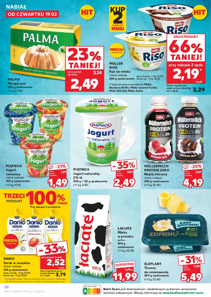 Gazetka promocyjna Kaufland - Gazetka tygodnia - ważna 19.02 do 25.02.2026 - strona 28 - produkty: Danio, Jogurt, Jogurt naturalny, Jogurt owocowy, Margaryna, Mleko, Mleko w proszku, Müller, Müllermilch, Napój, Napój mleczny, Palma, Piątnica, Por, Ryż, Ryż na mleku, Ser, Serek