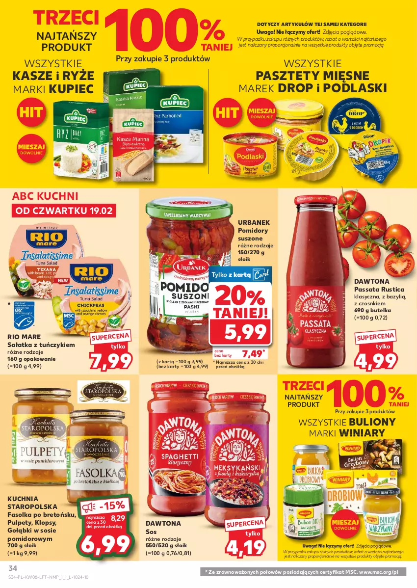 Gazetka promocyjna Kaufland - Gazetka tygodnia - ważna 19.02 do 25.02.2026 - strona 34 - produkty: Bazyl, Bulion, Dawtona, Fa, Kuchnia, Kuchnia Staropolska, Kupiec, Lion, Pasztet, Piec, Podlaski, Pomidory, Por, Pulpety, Rio Mare, Rust, Ryż, Sałat, Sałatka, Sos, Tuńczyk, Waga, Winiary