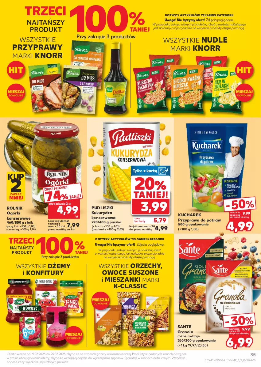 Gazetka promocyjna Kaufland - Gazetka tygodnia - ważna 19.02 do 25.02.2026 - strona 35 - produkty: Dżem, Gra, Granola, Knorr, Kucharek, Kukurydza, Kukurydza konserwowa, Ogórki konserwowe, Owoce, Owoce suszone, Por, Przyprawa do potraw, Przyprawy, Pudliszki, Rolnik, Sante, Ser, Waga