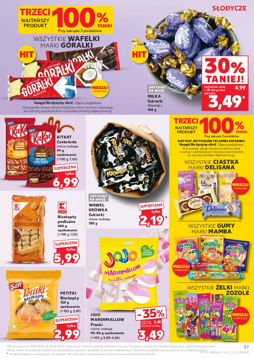 Gazetka promocyjna Kaufland - Gazetka tygodnia - ważna 19.02 do 25.02.2026 - strona 37 - produkty: Biszkopty, Ciastka, Cukier, Cukierki, Czekolada, Dres, Góralki, Isana, Mamba, Mars, Milka, Por, Waga, Wawel