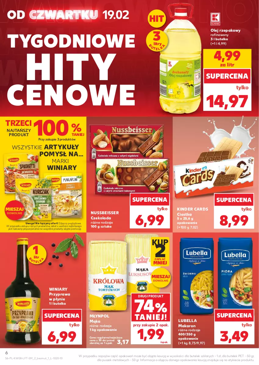 Gazetka promocyjna Kaufland - Gazetka tygodnia - ważna 19.02 do 25.02.2026 - strona 6 - produkty: Bell, Bella, Ciastka, Czekolada, Kinder, Lubella, Mąka, Makaron, Młynpol, Olej, Olej rzepakowy, Por, Przyprawa w płynie, Ser, Sok, Waga, Winiary