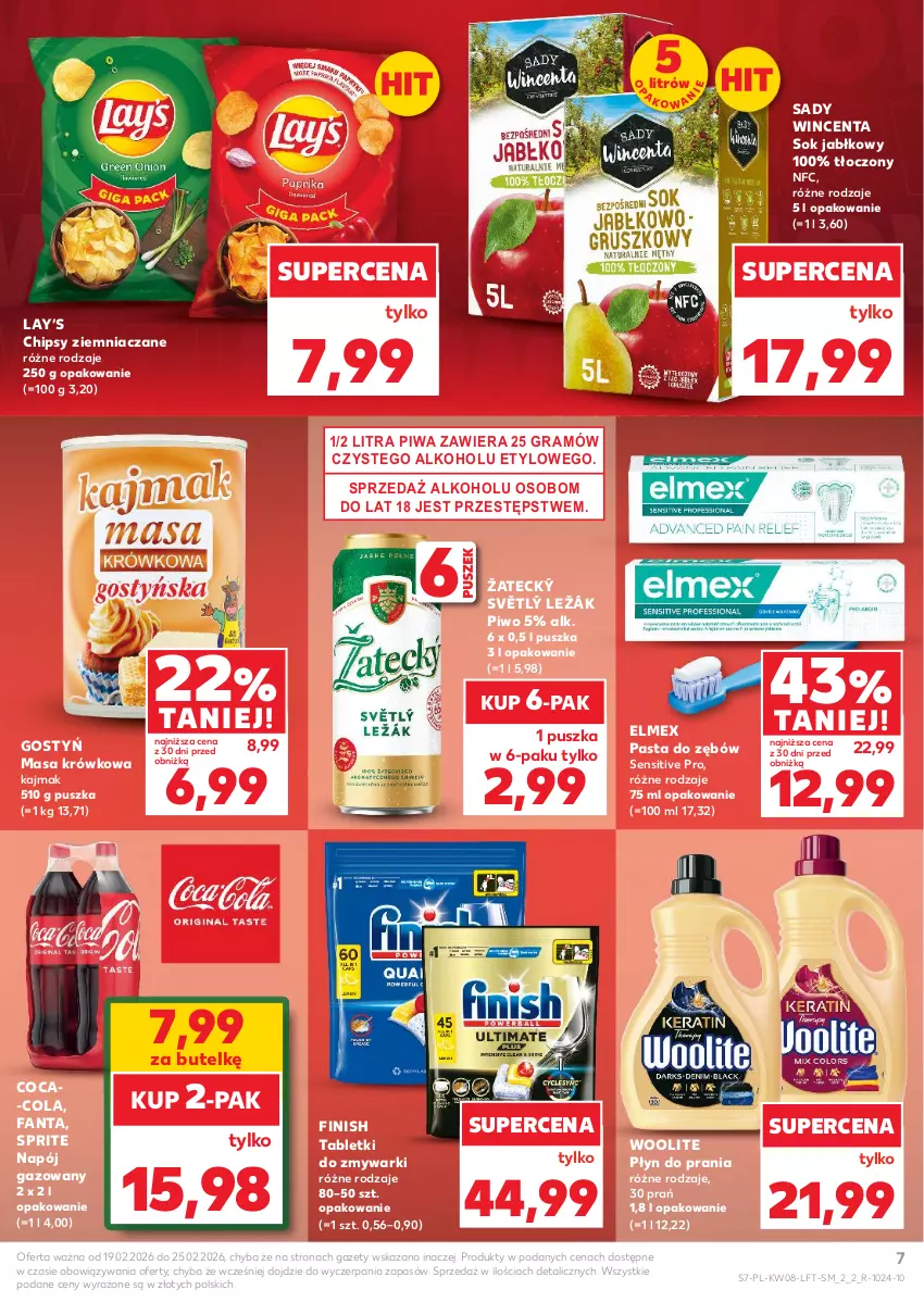 Gazetka promocyjna Kaufland - Gazetka tygodnia - ważna 19.02 do 25.02.2026 - strona 7 - produkty: Chipsy, Coca-Cola, Elmex, Fa, Fanta, Finish, Gra, Lay’s, Masa krówkowa, Napój, Napój gazowany, Pasta do zębów, Piwa, Piwo, Płyn do prania, Sok, Sok jabłkowy, Sprite, Tablet, Tabletki do zmywarki, Woolite, Zmywarki