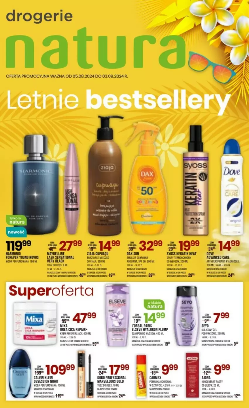 Gazetka promocyjna Drogerie Natura - ważna 05.08 do 03.09.2024 - strona 1 - produkty: Advanced Care, Calvin Klein, Dove, Elseve, Emulsja, KOBO, Lack, Mleczko, Perfum, Sati, SESSIO, Syoss, Szampon, Tusz, Woda, Woda perfumowana, Ziaja