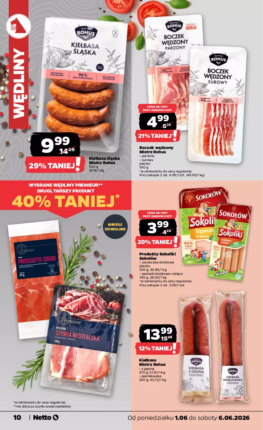 Gazetka promocyjna Netto - Od Poniedziałku - ważna 01.06 do 06.06.2026 - strona 10 - produkty: Boczek, Kiełbasa, Kiełbasa śląska, Parówki, Sok, Sokołów