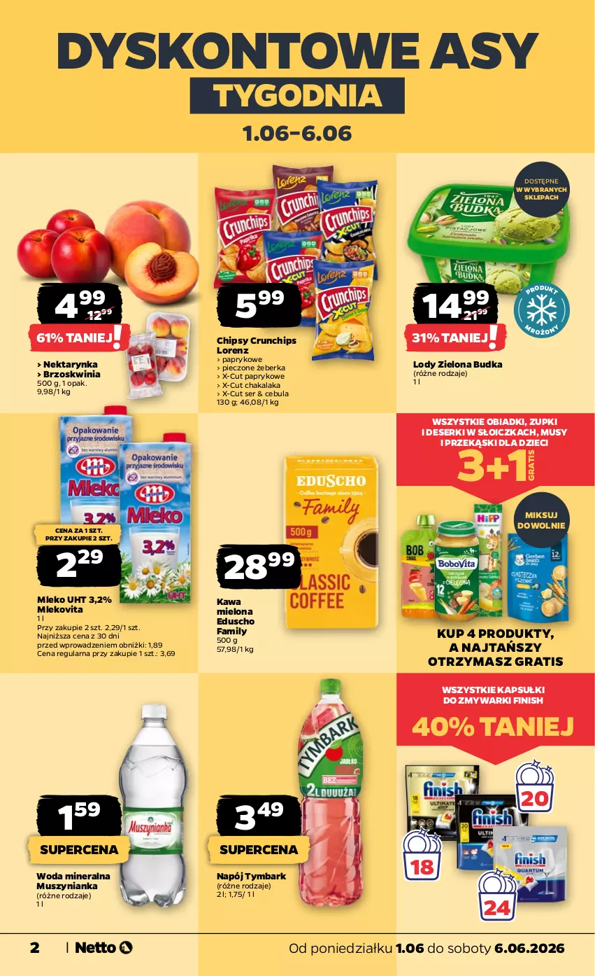 Gazetka promocyjna Netto - Od Poniedziałku - ważna 01.06 do 06.06.2026 - strona 2 - produkty: Cebula, Chipsy, Crunchips, Deser, Dzieci, Fa, Finish, Gra, Kawa, Kawa mielona, Lody, Lorenz, Mleko, Mlekovita, Mus, Muszynianka, Napój, Nektar, Nektarynka, Piec, Ser, Tymbark, Woda, Woda mineralna, Zielona Budka, Zmywarki
