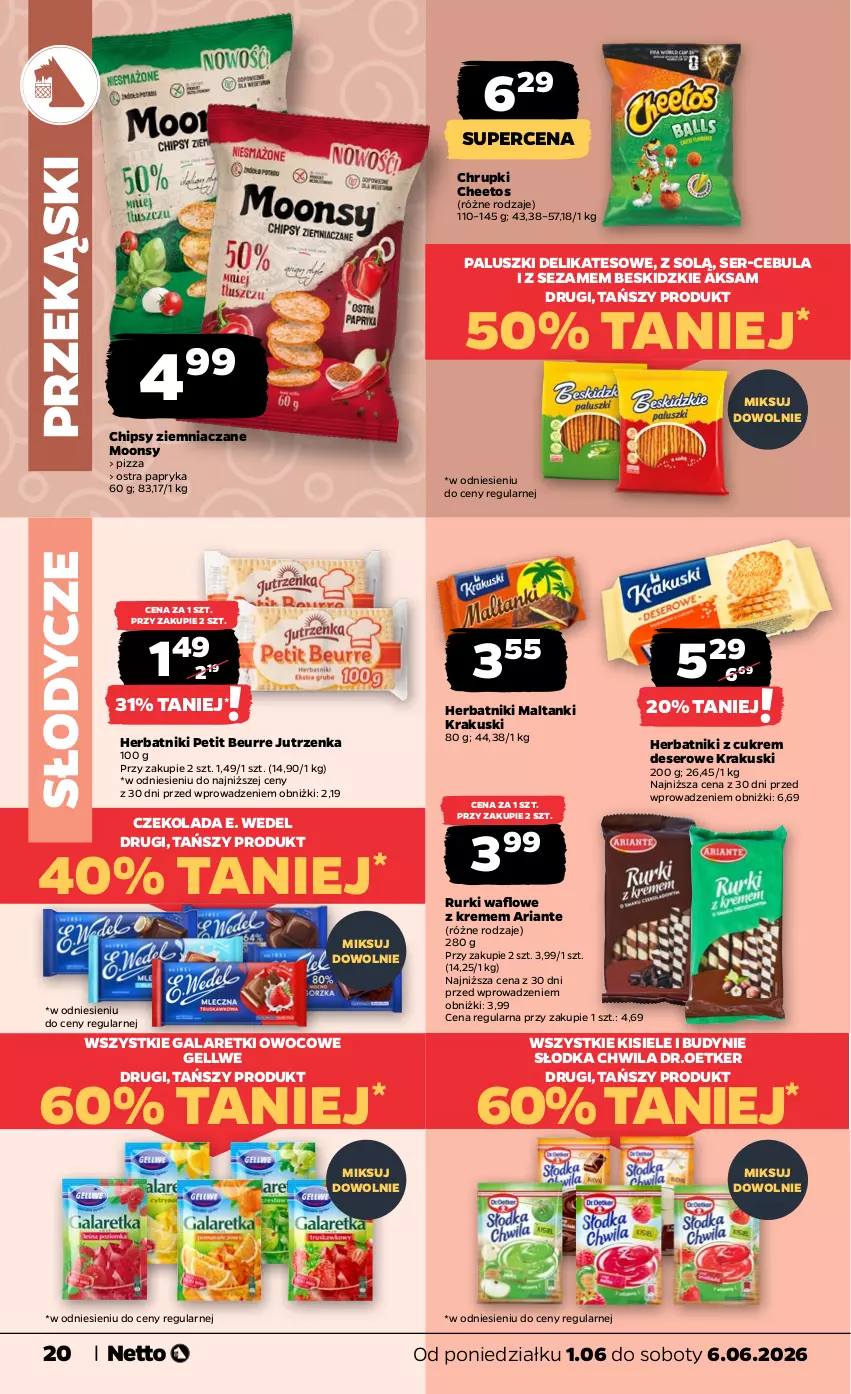 Gazetka promocyjna Netto - Od Poniedziałku - ważna 01.06 do 06.06.2026 - strona 20 - produkty: Aksam, Beskidzki, Cebula, Cheetos, Chipsy, Chrupki, Czekolada, Deser, E. Wedel, Gala, Galaretki, Herbatniki, Herbatniki Petit Beurre, Jutrzenka, Kisiel, Krakus, Krakuski, Papryka, Pizza, Rurki, Ser, Sezam, Słodka Chwila