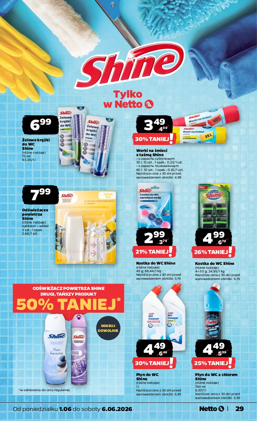 Gazetka promocyjna Netto - Od Poniedziałku - ważna 01.06 do 06.06.2026 - strona 29 - produkty: Kostka do wc, Odświeżacz powietrza, Płyn do wc, Worki na śmiec, Worki na śmieci