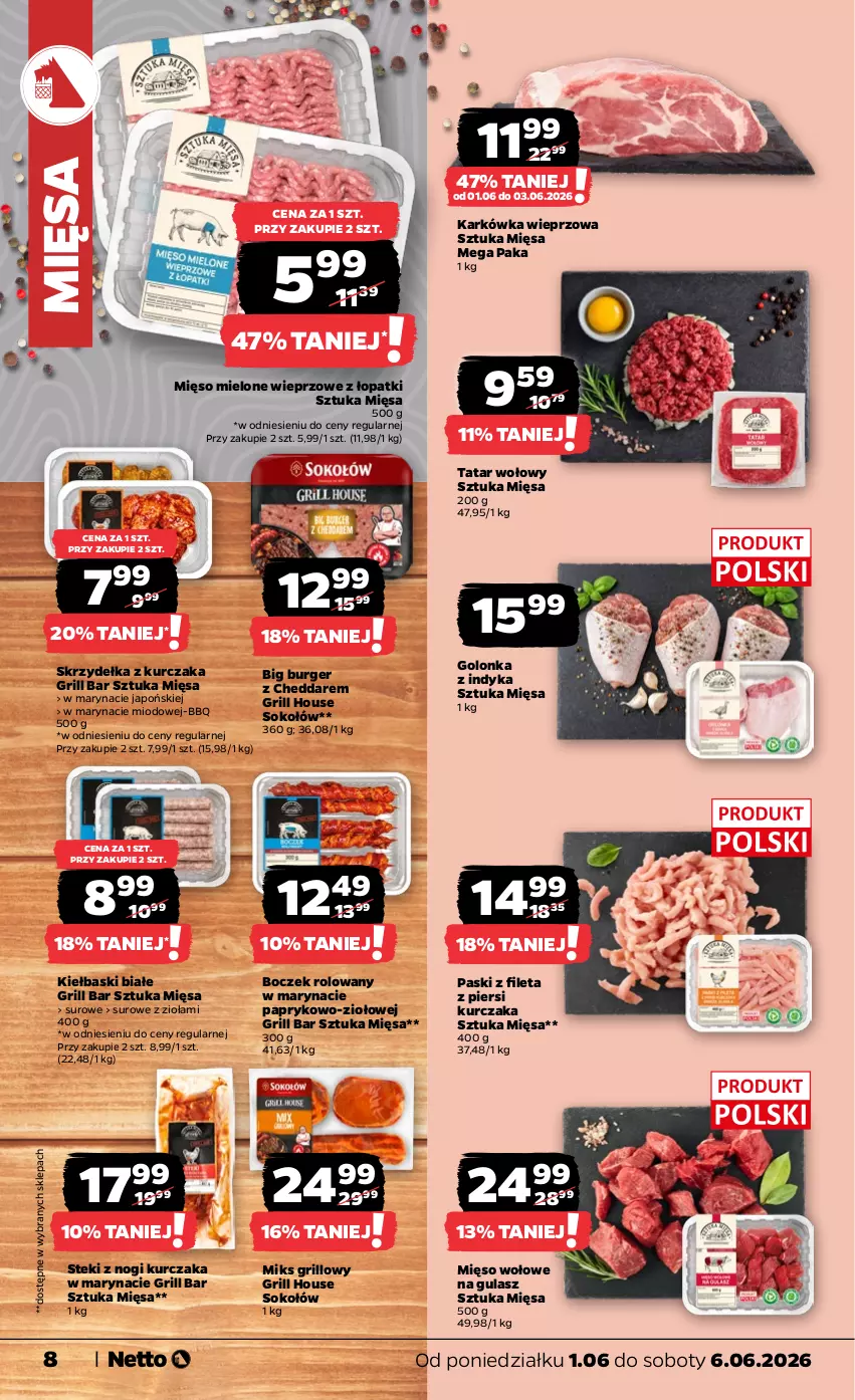 Gazetka promocyjna Netto - Od Poniedziałku - ważna 01.06 do 06.06.2026 - strona 8 - produkty: Boczek, Burger, Cheddar, Golonka z indyka, Grill, Karkówka wieprzowa, Kiełbaski białe, Kurczak, Mięso, Mięso mielone, Mięso wołowe, Skrzydełka z kurczaka, Sok, Sokołów, Stek, Tatar wołowy