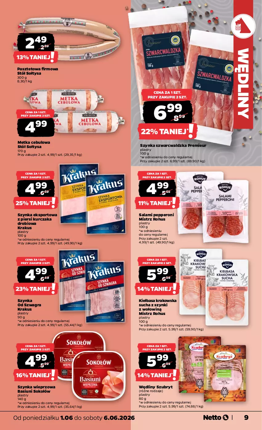 Gazetka promocyjna Netto - Od Poniedziałku - ważna 01.06 do 06.06.2026 - strona 9 - produkty: Gra, Kiełbasa, Kiełbasa krakowska, Krakus, Kurczak, Pasztet, Por, Salami, Sok, Sokołów, Sport, Stół, Szubryt, Szynka, Szynka wieprzowa